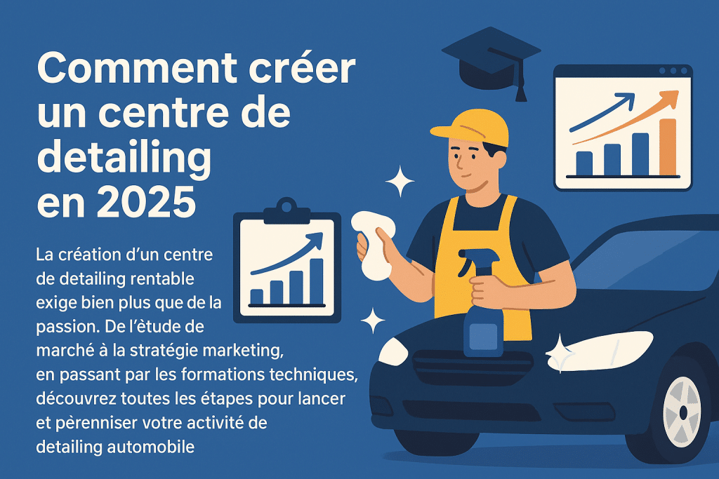 Illustration d’un professionnel du detailing travaillant sur une voiture avec des icônes de stratégie marketing, formation et étude de marché – Comment créer un centre de detailing rentable en 2025