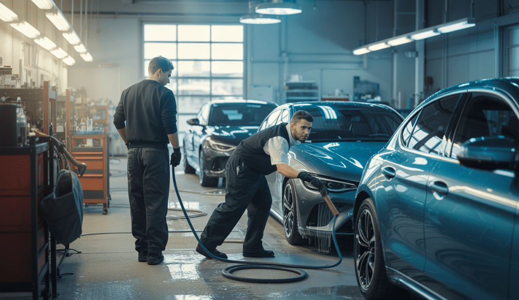 Un atelier de detailing automobile professionnel montrant des techniciens travaillant méticuleusement sur des véhicules dans un environnement propre et bien organisé, avec des équipements spécialisés et une attention aux détails exemplaire.