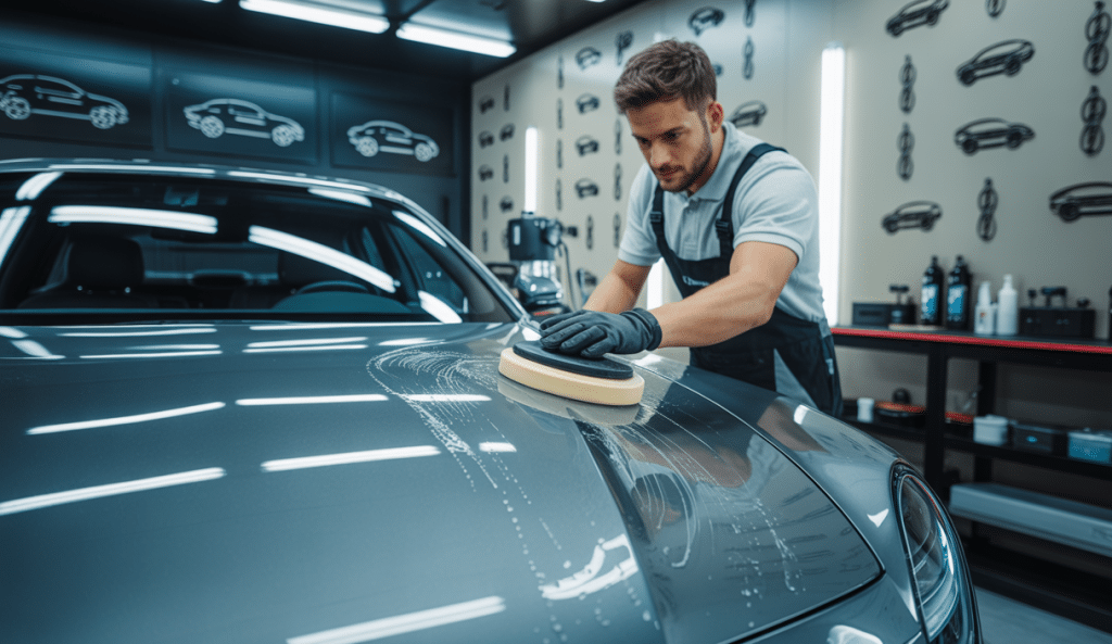 Un professionnel du detailing automobile utilise une barre d’argile sur la carrosserie d’une voiture brillante dans un atelier moderne et bien éclairé, illustrant une formation spécialisée en décontamination carrosserie.