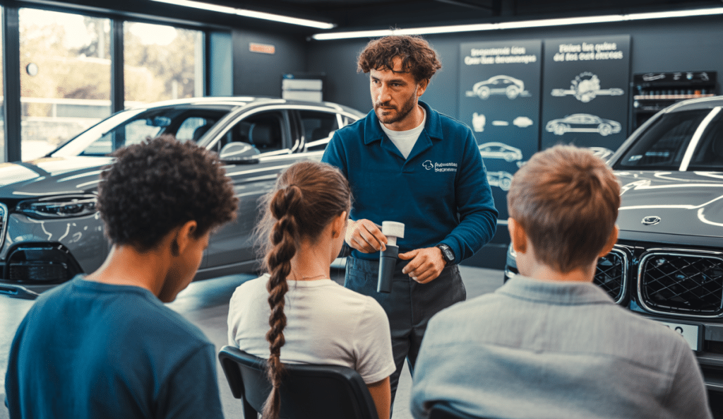 Un formateur en detailing automobile montrant des techniques pratiques à un groupe de jeunes apprentis dans un atelier automobile moderne en France