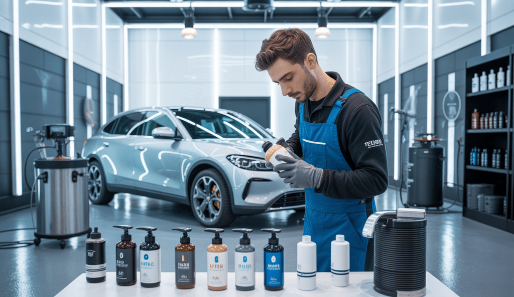 Vitrine moderne et professionnelle d'un centre de detailing automobile avec équipements spécialisés et personnel qualifié en activité