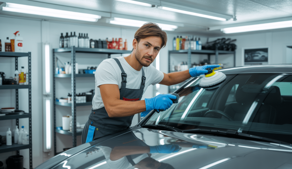 Un centre de detailing automobile moderne et professionnel avec un entrepreneur formé préparant un véhicule dans un atelier bien équipé et lumineux