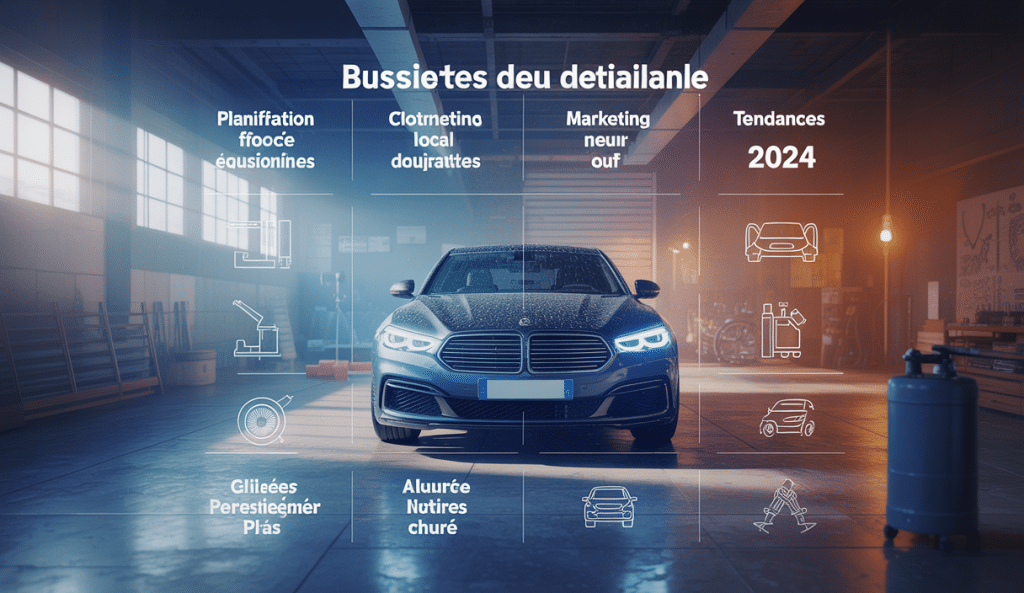 Tableau présentant un business plan complet pour ouvrir un centre de detailing rentable en 90 jours, avec éléments financiers, marketing local et planification 2024