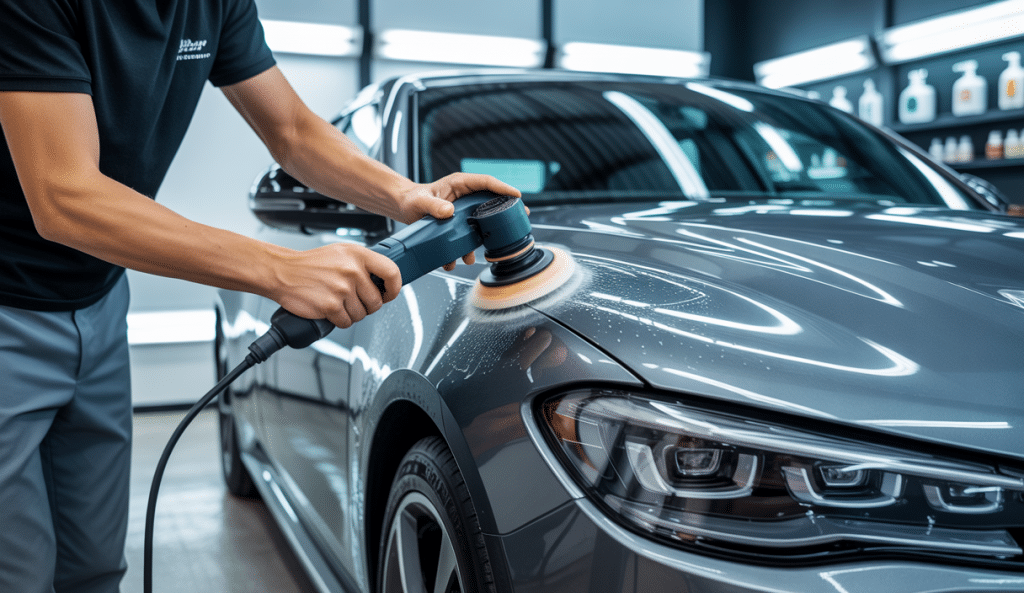 Démonstration du polissage automobile par passes successives avec application de protection céramique, montrant une carrosserie brillante et protégée durablement