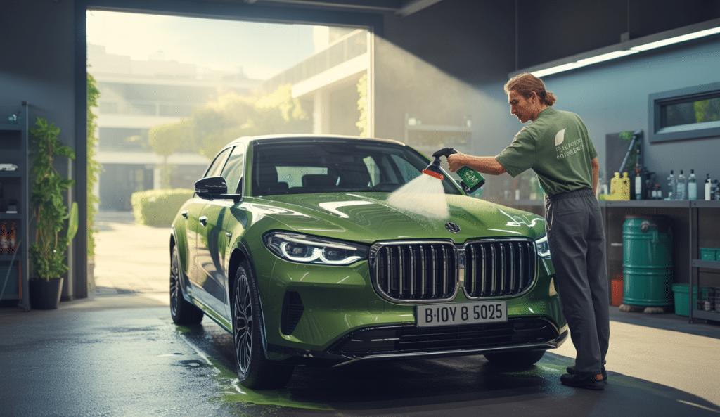 Voiture en cours de nettoyage écologique avec des produits biodégradables dans un atelier de detailing automobile moderne en 2025