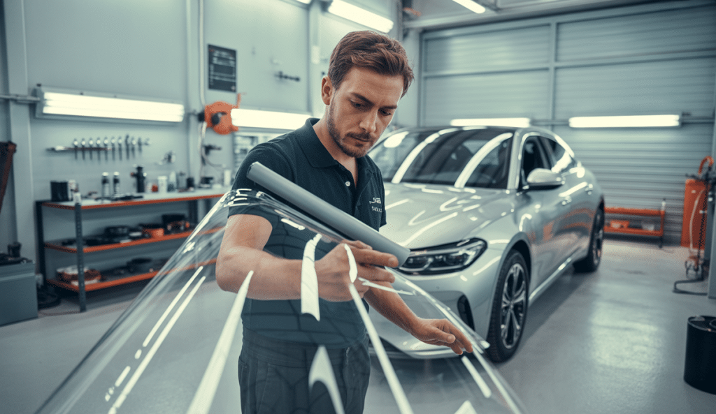 Un professionnel pose un film de covering automobile sur une carrosserie de voiture moderne dans un atelier lumineux et bien équipé.