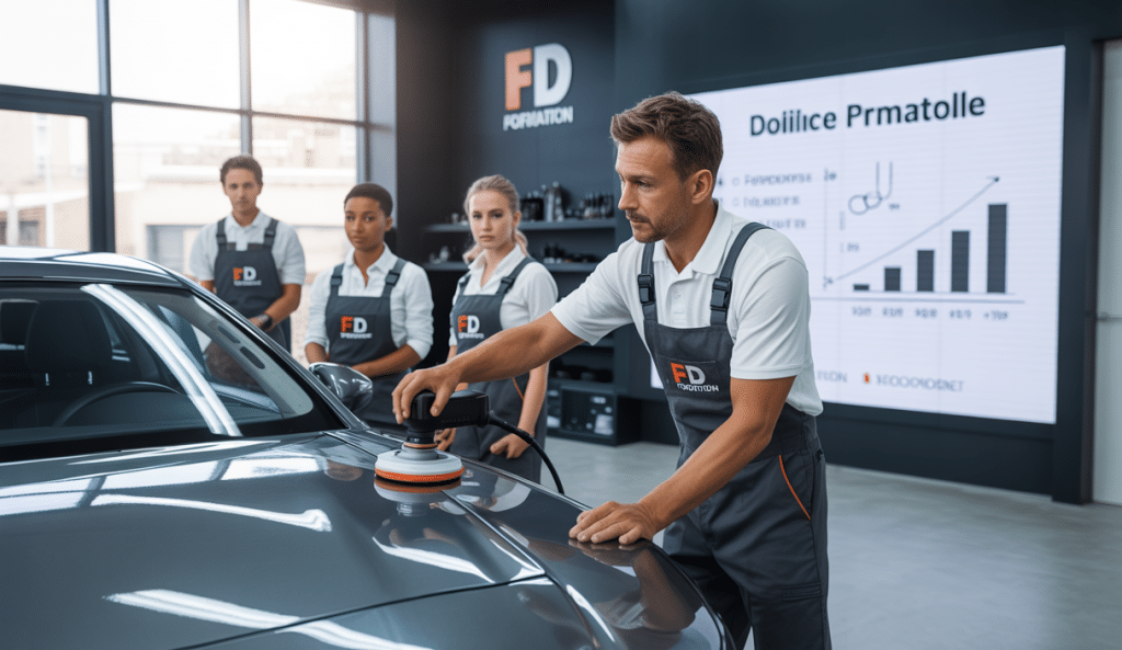 Formation professionnelle en detailing automobile avec modules de création d'entreprise, mains d'un technicien polissant une voiture, outils professionnels et tableau de business plan en arrière-plan
