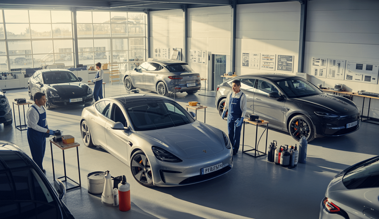 Centre de formation FD Formation Detailing à Trappes avec formateurs et stagiaires en atelier de detailing automobile, véhicules de démonstration, outils professionnels et équipements de polissage