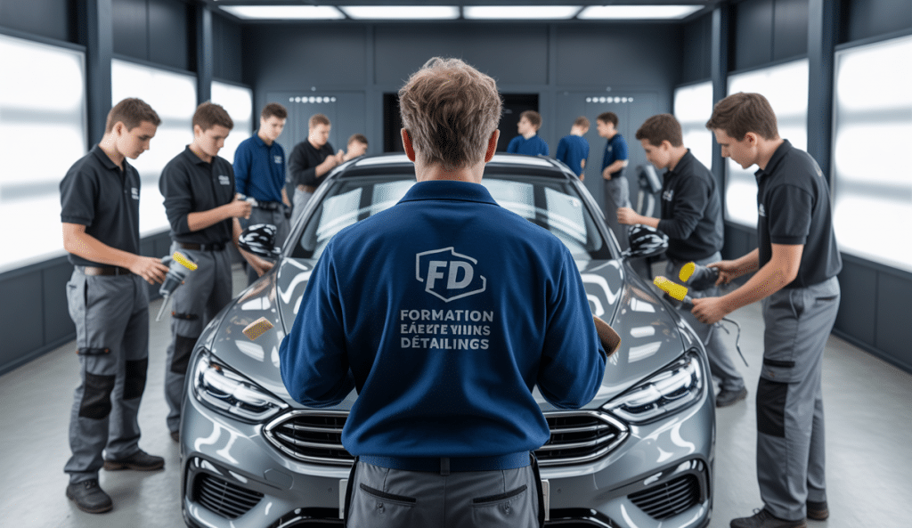Formateur enseignant les techniques de detailing automobile à un groupe de stagiaires autour d'une voiture en atelier professionnel équipé d'outils spécifiques