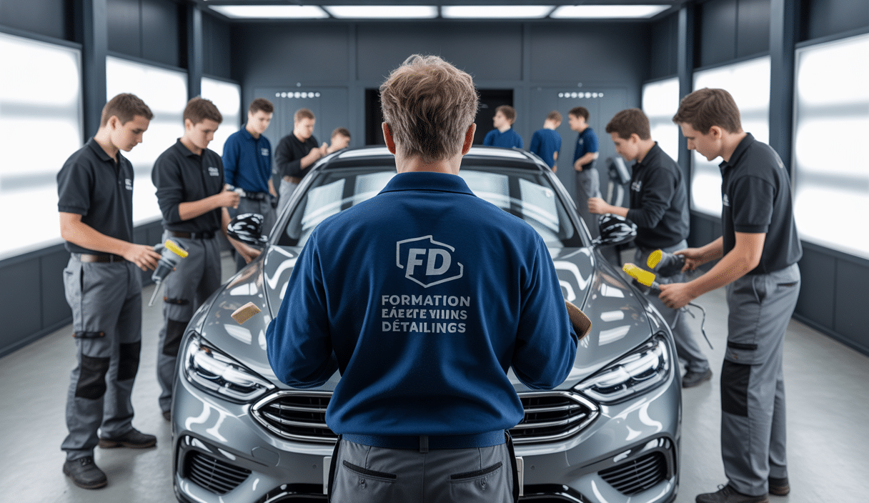 Formateur enseignant les techniques de detailing automobile à un groupe de stagiaires autour d'une voiture en atelier professionnel équipé d'outils spécifiques