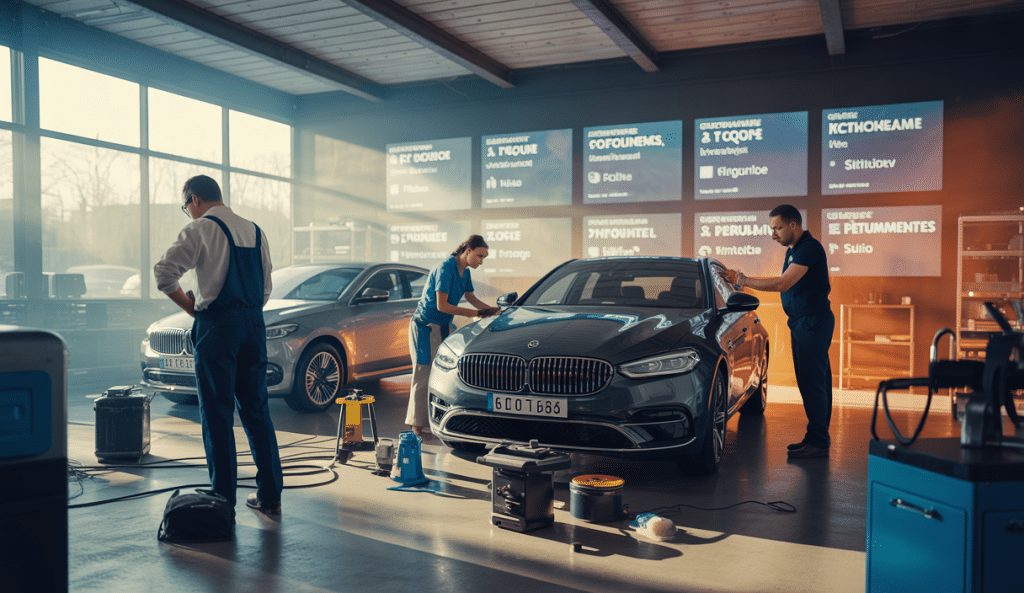 Illustration professionnelle d'un parcours de formation en detailing automobile avec modules techniques, formation entrepreneuriale et accompagnement à la création d'activité