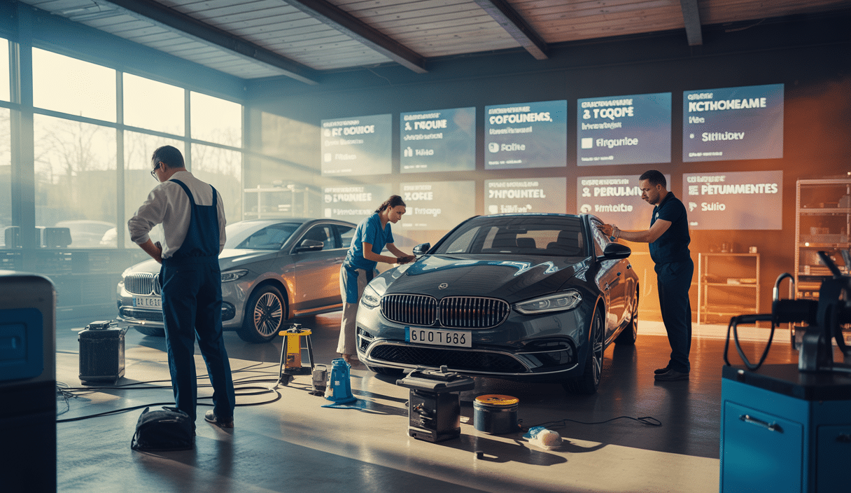 Illustration professionnelle d'un parcours de formation en detailing automobile avec modules techniques, formation entrepreneuriale et accompagnement à la création d'activité